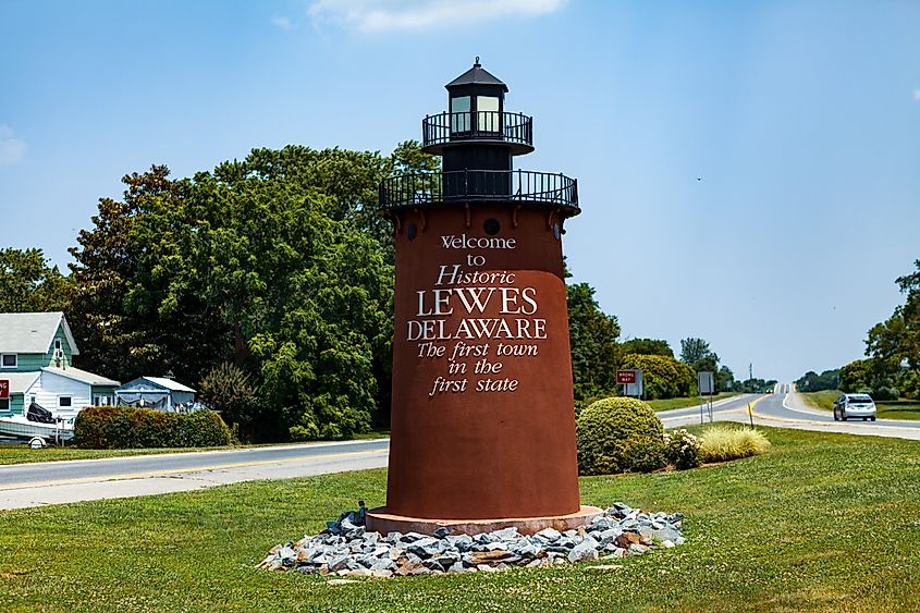 The Welcome to Lewes Lighthouse sign at the town's entrance.