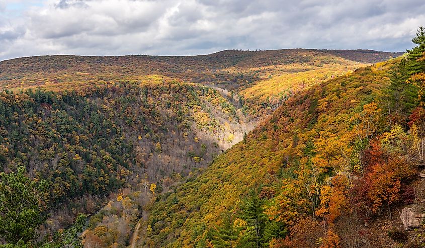 The sun shines through the clouds on to the fall colors in the Grand Canyon of Pennsylvania.