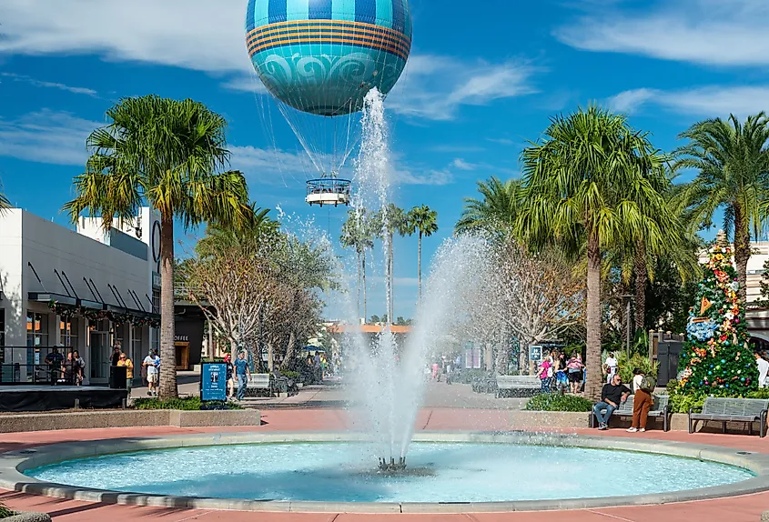 The Aerophile Aero30 balloon basket over Disney Springs at the Walt Disney World Resort in Orlando, Florida, home to four of the world's top 15 theme parks.