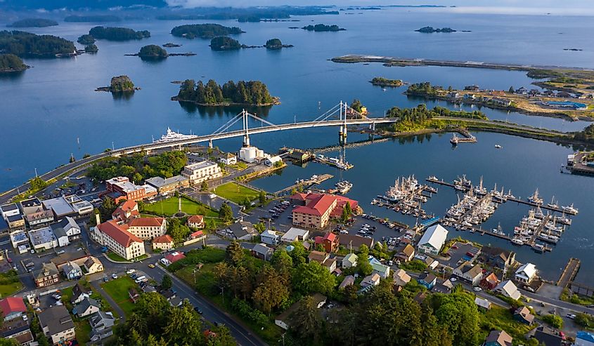 Aerial view of downtown of Sitka Alaska at sunset
