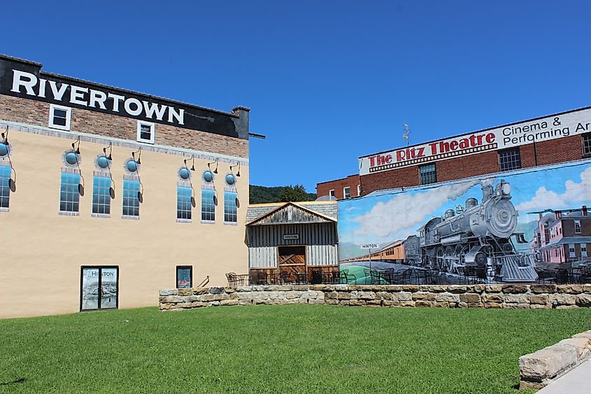 Ritz Theater sign and railroad mural in historic Hinton, West Virginia
