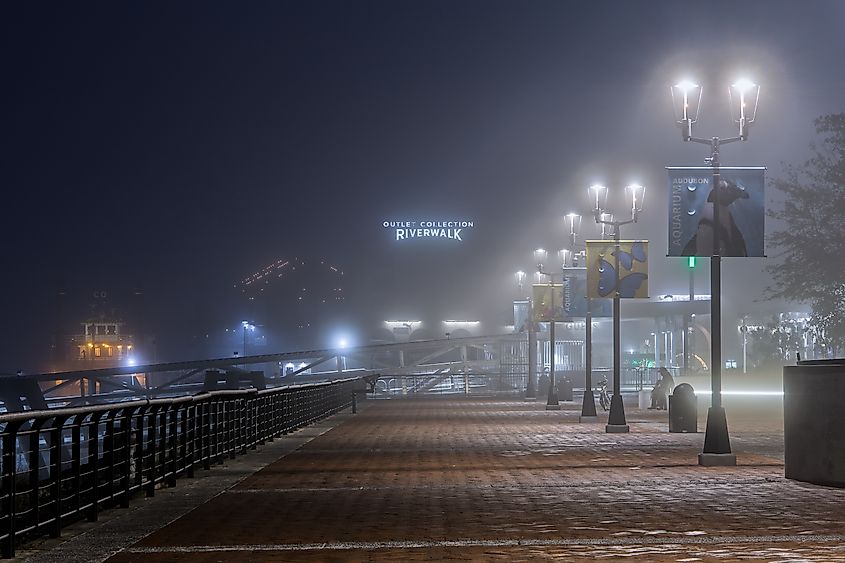 New Orleans riverfront on a foggy morning