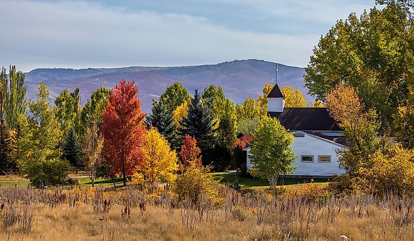 St Florence catholic church in Huntsville, Utah during autumn time