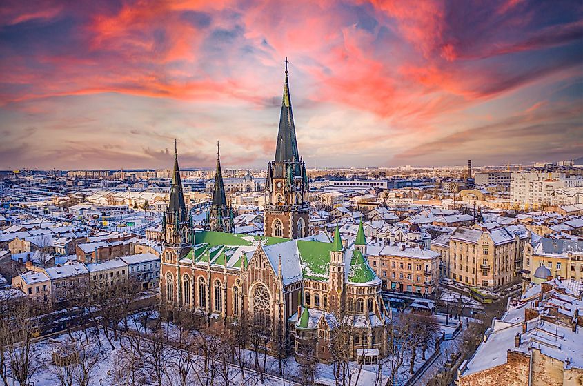 Aerial view of Elizabeth Church in Lviv, Ukraine. 