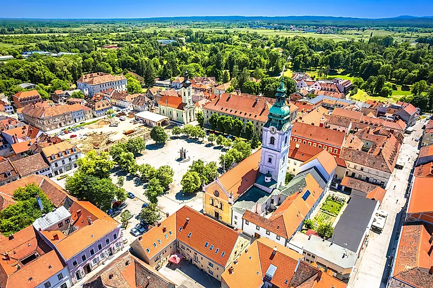Town of Karlovac historic city center and central square aerial view, central Croatia.