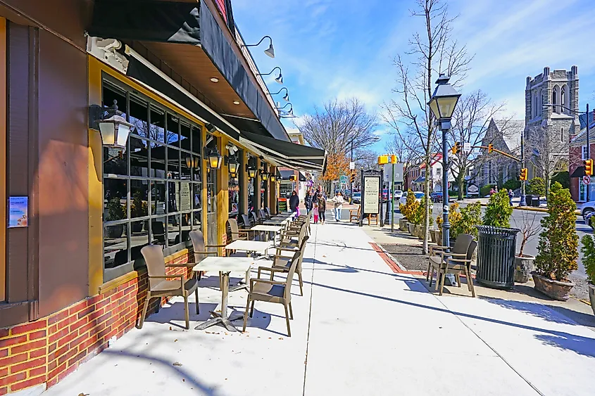 Historic buildings along the main street in Haddonfield, New Jersey.