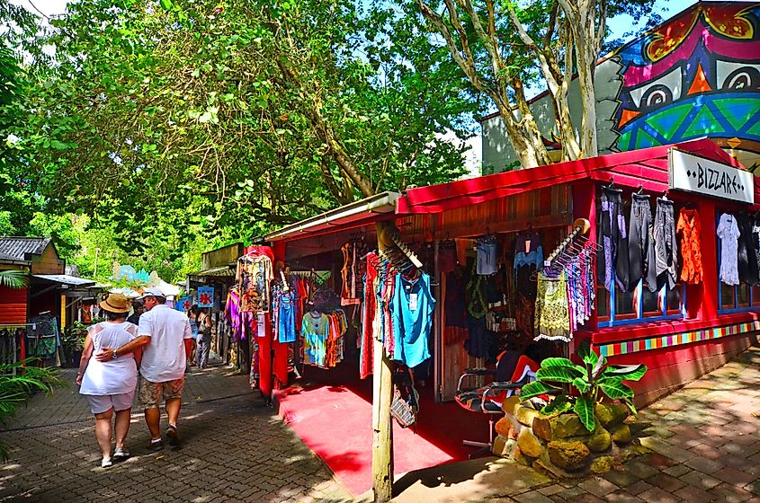 Shoppers at the Original Rainforest Market a popular travel destination in Kuranda at the Atherton Tablelands in the tropical far north of Queensland, Australia