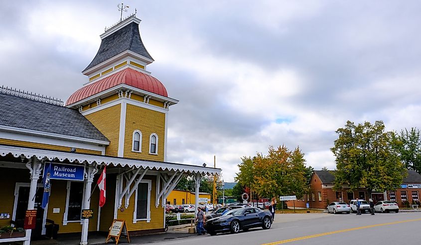 Classic US styled railroad station showing the timber built design in this popular tourist destination, North Conway, New Hampshire.