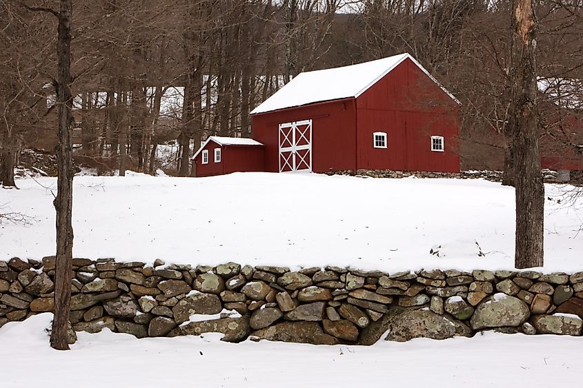 Red barn on a cloudy winter afternoon in Kent, Connecticut