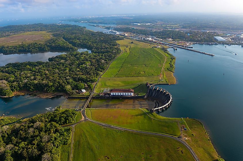 Amazing aerial view of Gatun Dam and Gatun locks in Panama Canal during a summer sunny day