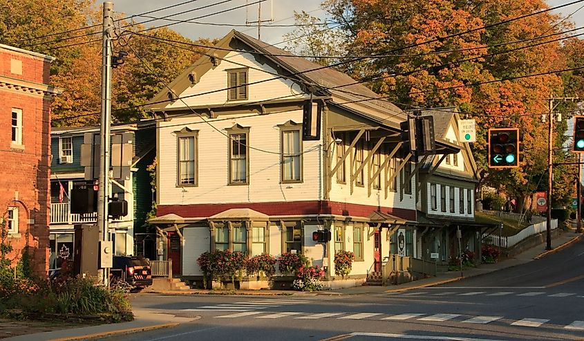  Intersection of Route 100 and Route 9 with historic buildings on an autumn afternoon