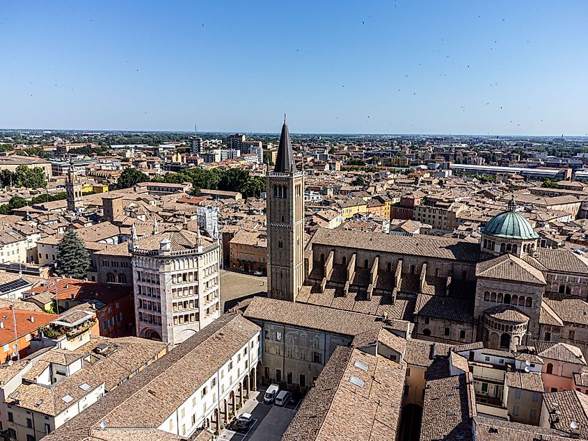 An aerial shot of the Parma Cathedral in Parma, Italy.