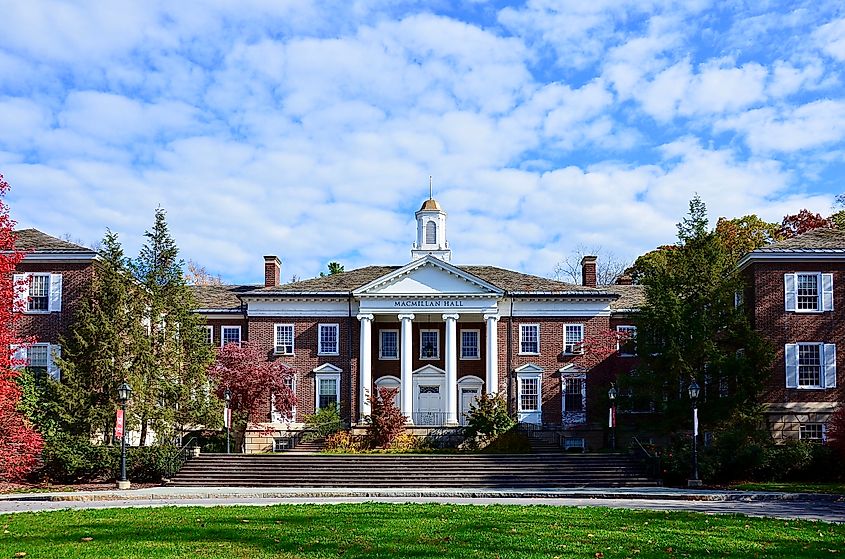 Aurora, New York, US-October 23, 2020: Macmillan Hall built in 1930, at Wells College campus. This private liberal arts college has cross-enrollment with Cornell University and Ithaca College