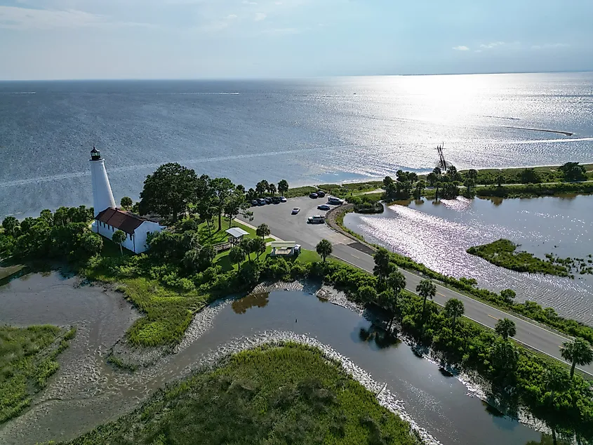 Aerial view of St. Marks Lighthouse off the Big Bend Scenic Byway in St. Marks, Florida.