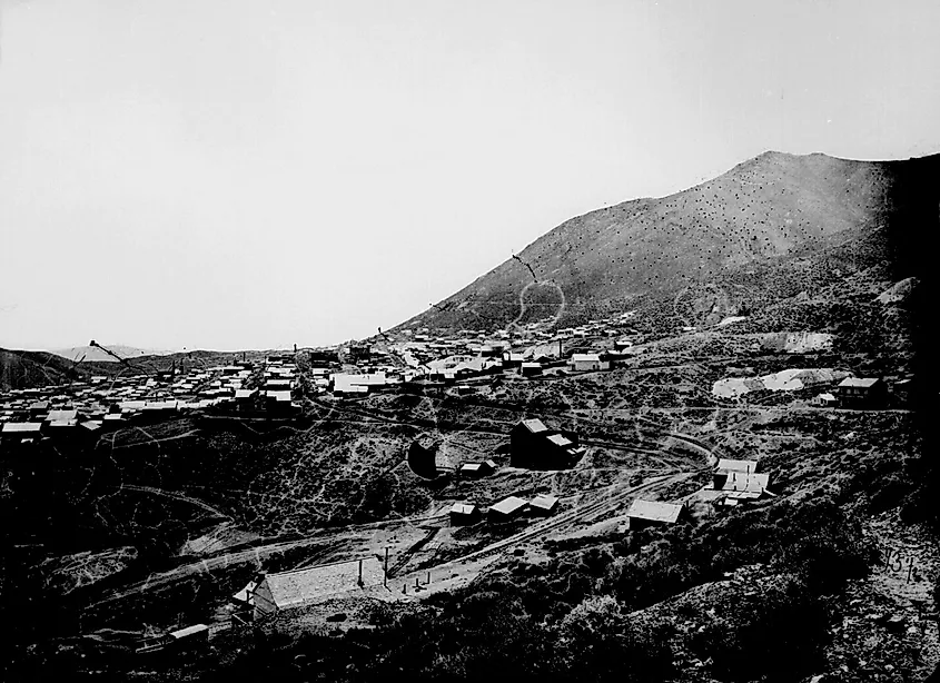 View of Virginia City, Nevada, from a nearby hillside, 1867-68