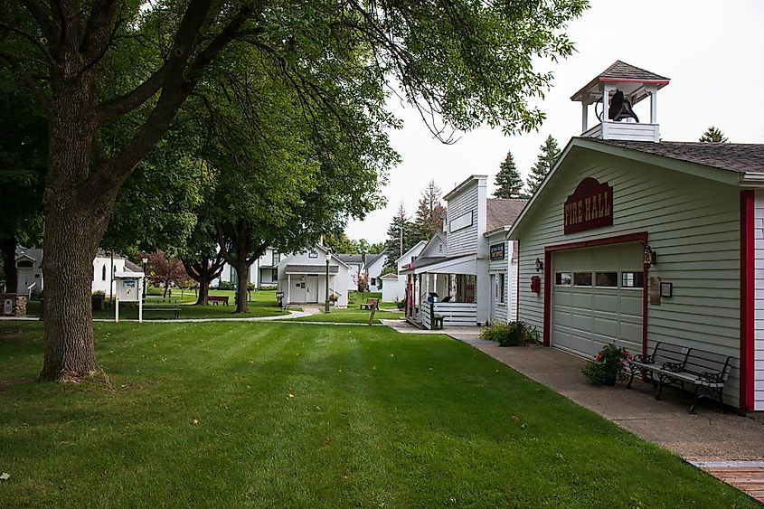 Colonial buildings at county fairgrounds in Owatonna, Minnesota.