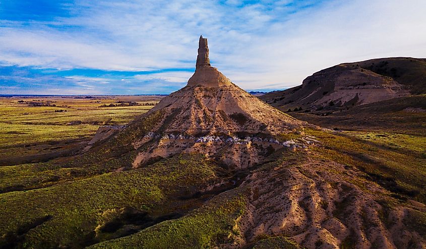 A rare and breathtaking view of the historic Chimney Rock near Bayard, Nebraska used by pioneers as a landmark on the Oregon Trail.