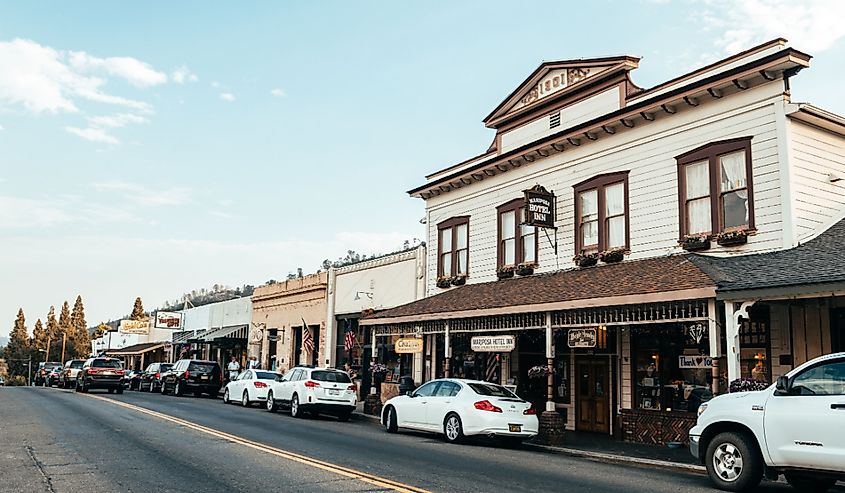 Street view of beautiful town of Mariposa near Yosemite Valley