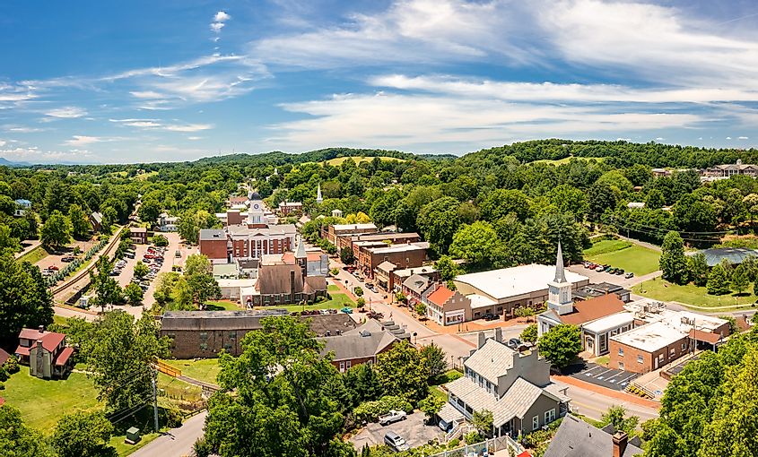 Aerial view of Jonesborough, Tennessee's oldest town, founded in 1779 and once the capital of the failed 14th State of the US, known as the State of Franklin.