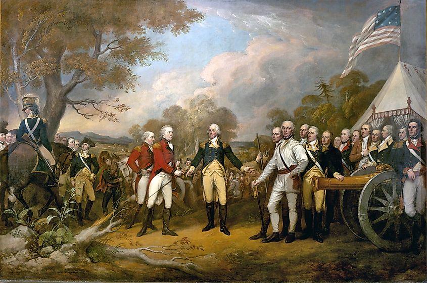 The scene of the surrender of the British General John Burgoyne at Saratoga, on October 17, 1777, was a turning point in the American Revolutionary War that prevented the British from dividing New England from the rest of the colonies.