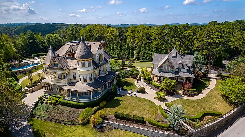 Aerial view of beautiful homes in Eureka Springs, Arkansas.