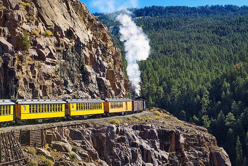 Historic steam engine train travels from Durango through the San Juan Mountains.