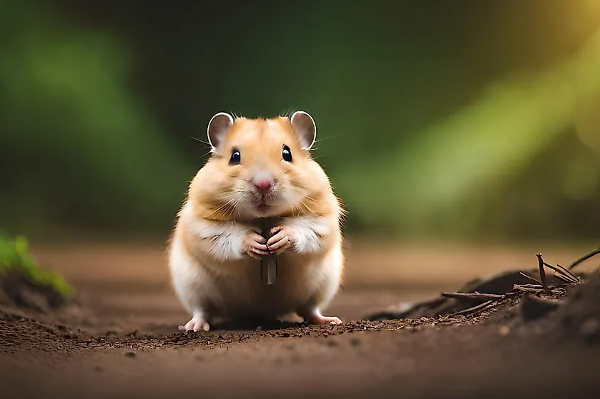 Hamster in the woods eating nuts.