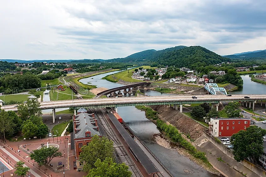 Aerial view of the Potomac River in Cumberland, Maryland.