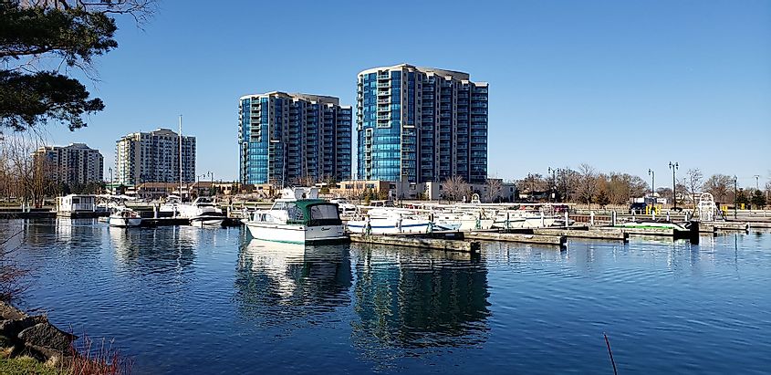 View of the harbor front in downtown Barrie, Ontario, Canada. 