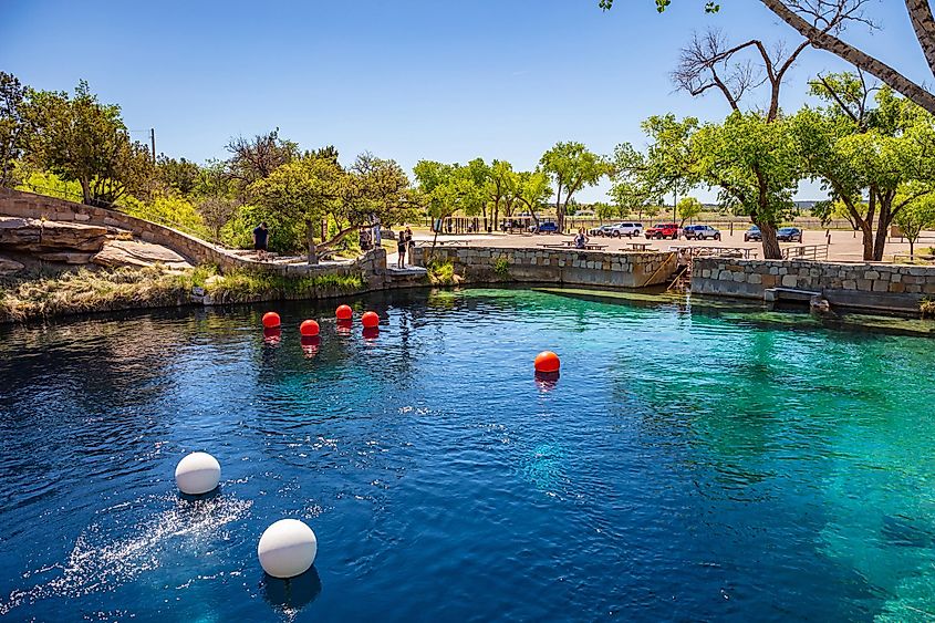 Santa Rosa, New Mexico, USA. May 14, 2019. The Blue Hole is a famous deep pool with clear blue water and hidden underwater caves proper for scuba diving.