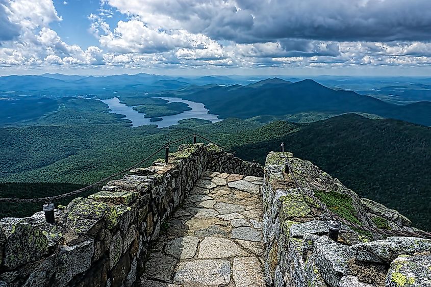 View from the stone path on Whiteface Mountain overlooking Lake Placid and the Adirondack Mountains in Wilmington, New York.