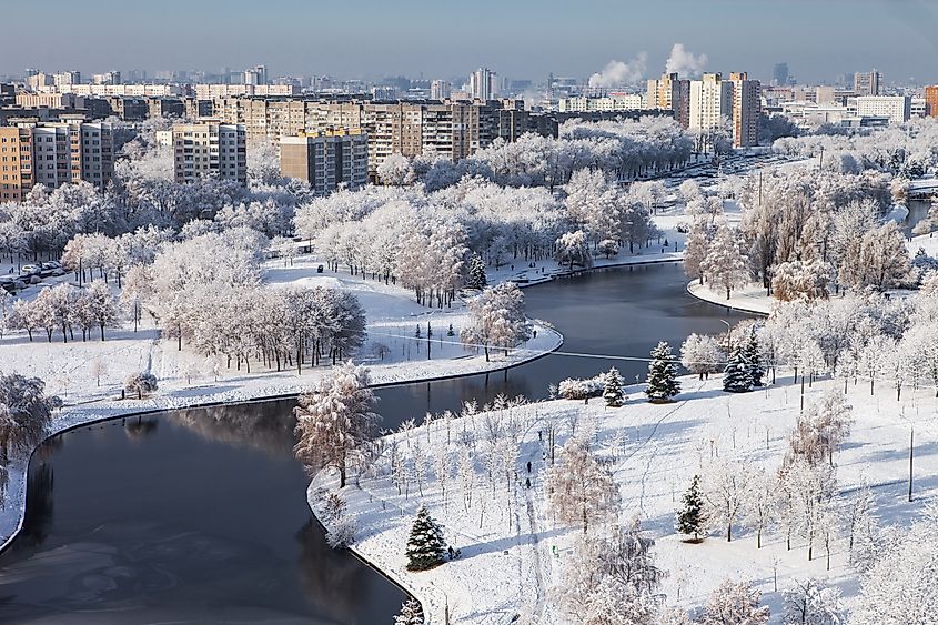 Urban winter views of Minsk in Belarus.