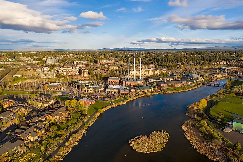 Aerial view of the Old Mill District in Bend, Oregon.