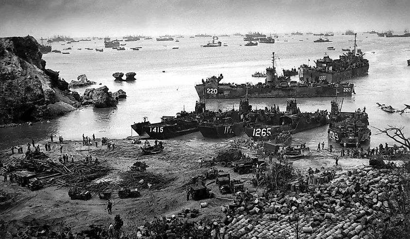 Landing craft of supply U.S. forces on Okinawa, 13 days after the initial invasion.