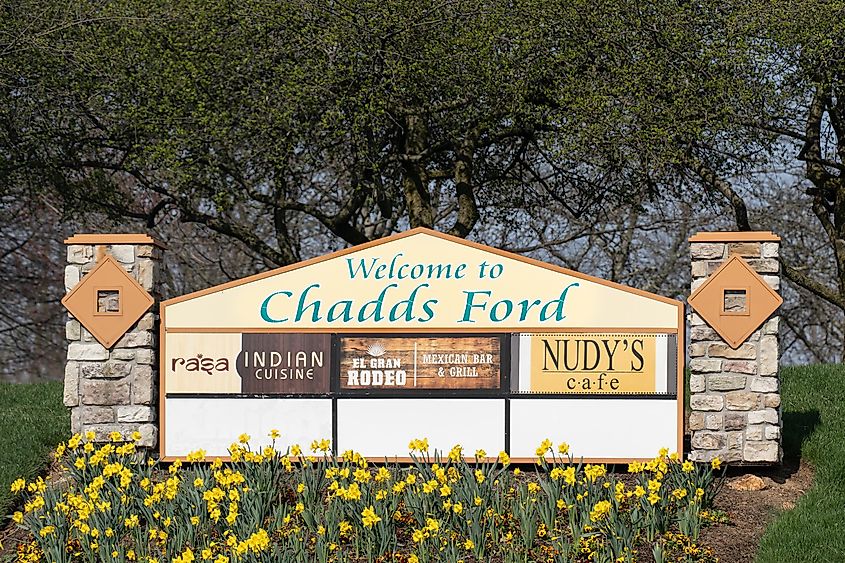 Welcome to Chadds Ford sign. The town is the starting point of the Brandywine Valley Byway.