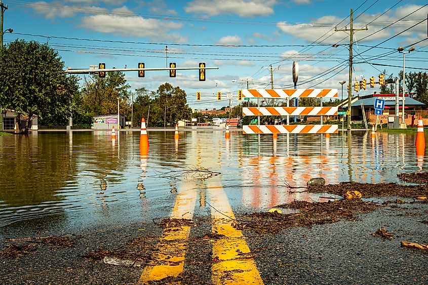 Flooded streets and businesses after a river overflow in Blue Ridge, Georgia