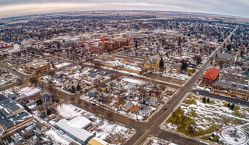 Aerial view of Aberdeen, South Dakota in the winter.