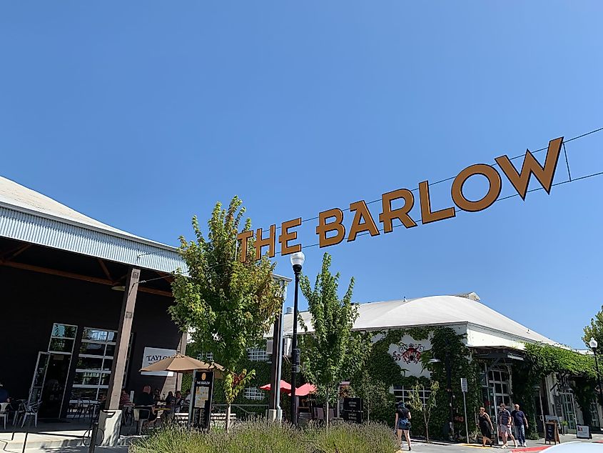 A large street sign over the Barlow market area in Sebastopol, California