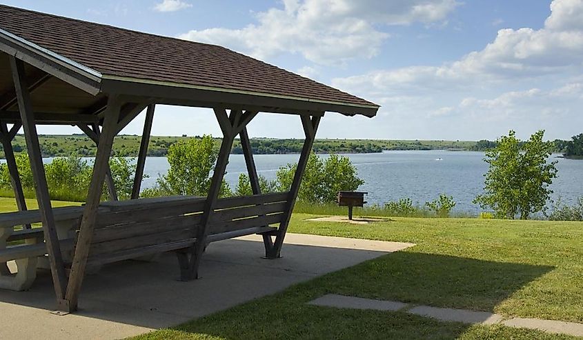 Red Willow State Recreation area with pavilion overlooking water