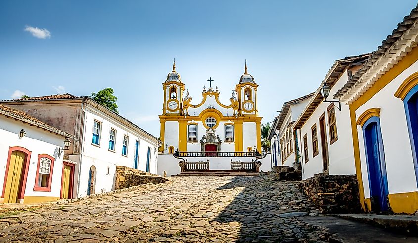 Colorful colonial houses and church in city of Tiradentes - Minas Gerais, Brazil