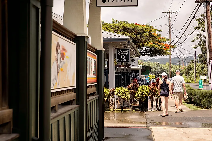 Downtown street in Hanalei, Kauai, Hawaii.