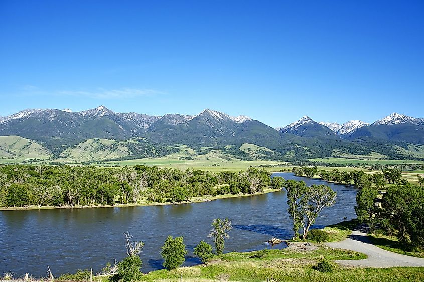 Montana Landscape with Yellowstone River, Mountains Range with Snowy Peaks and Clear Blue Sky