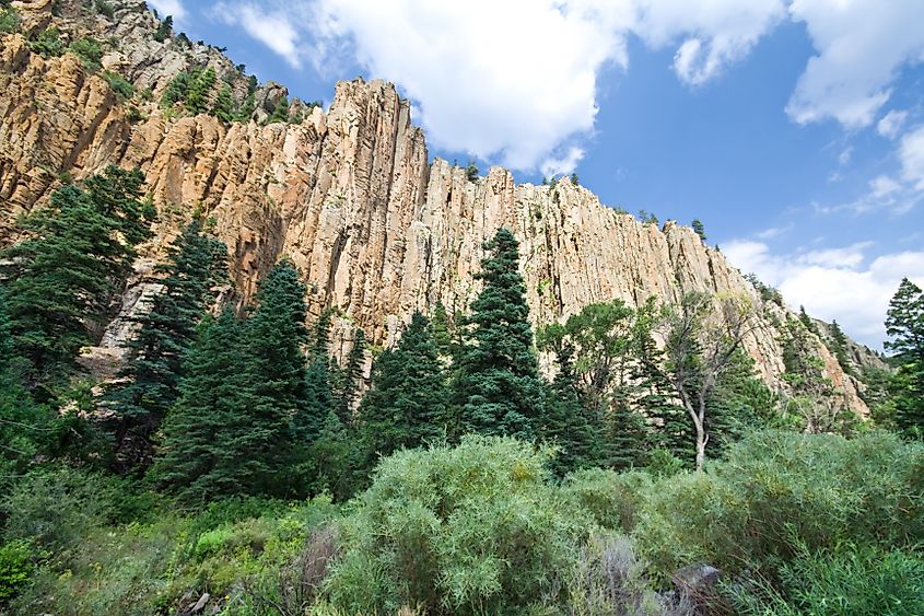 Palisade cliff in Cimarron Canyon State Park, New Mexico within the Sangre de Cristo Mountains