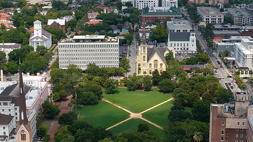 Aerial view of Marion Square and downtown skyline church steeple landscapes of coastal Charleston, South Carolina