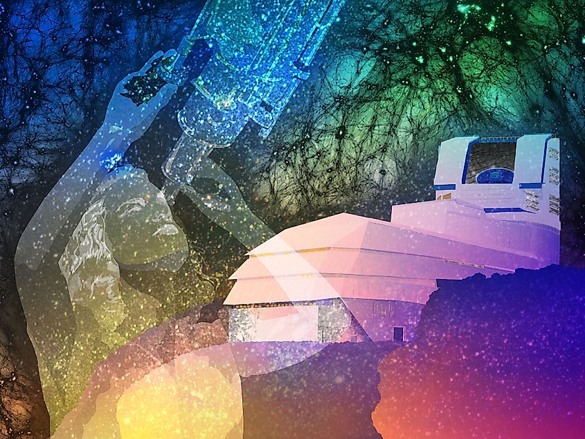 This illustration connects Vera Rubin, the observatory named for her, and the invisible cosmic web of dark matter that Rubin Observatory will help study.