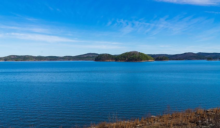 Overlooking the blue waters of Broken Bow Lake, Hochatown Oklahoma