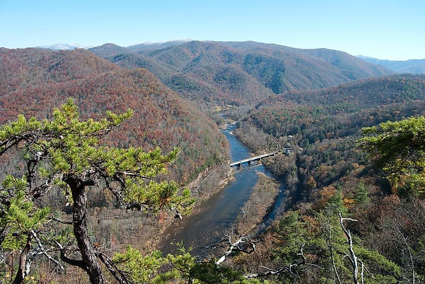 The Nolichucky River, approaching Erwin from the east, as seen from the Appalachian Trail