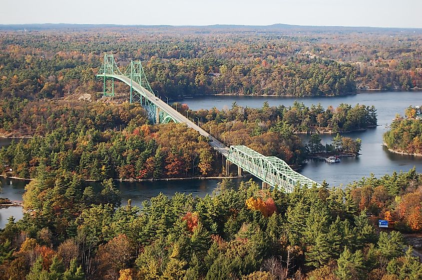 nternational bridge between USA and Canada in Thousand Islands Region in fall,