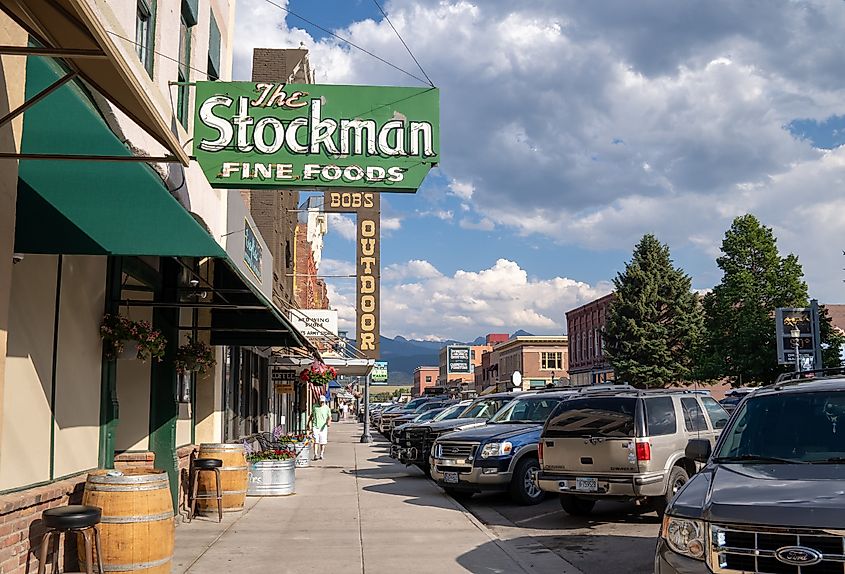 Downtown historic area, with the Stockman Fine Food star in Livingston, Montana.