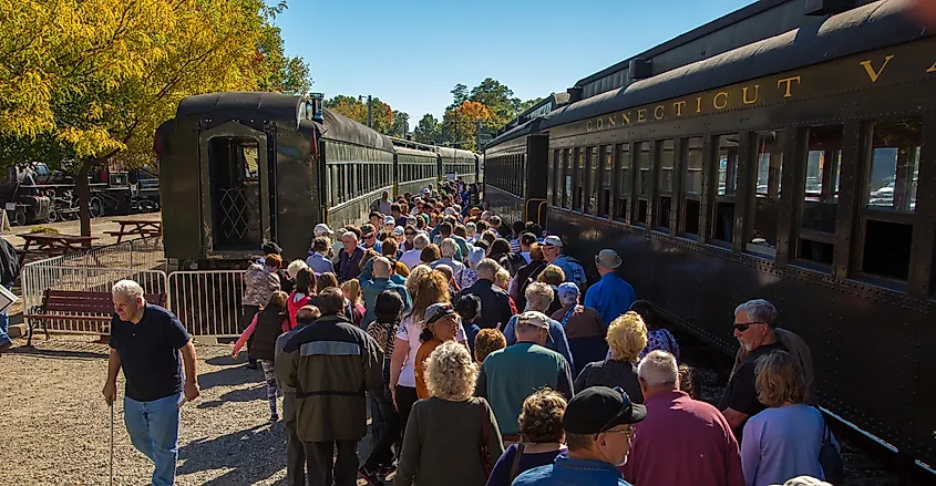 People preparing to board the historic Essex Steam Train in Essex, Connecticut